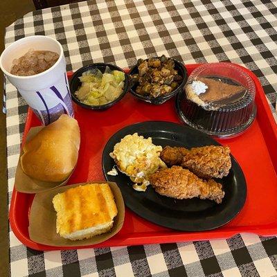 Buttermilk fried chicken, fried okra, cornbread, yeast roll, sweet tea, chocolate chess pie.