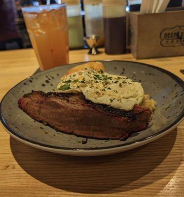 Brisket and egg with pimento grits