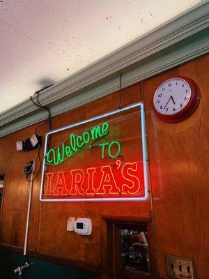 Neon sign in the entrance to the dining room (great atmosphere!)