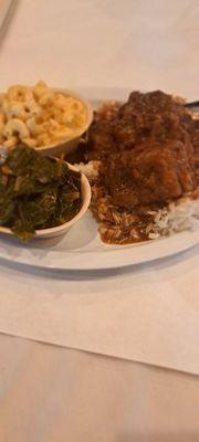 Oxtail with rice and gravy; Collard Greens and Mac n Cheese