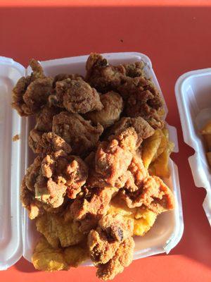 Huge order or the fried chicken pieces with fried plantains.. all for $6!