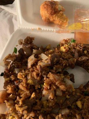 BEEF with Shrimp fried Rice! and an egg roll SOOOO Yummy!