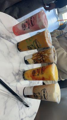 Left to Right.  -strawberry cloud - matcha twist  - crème brûlée  - sunset drink  - viet iced coffee