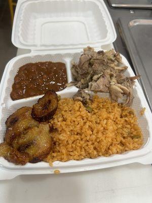 Roast Pork Meal was delicious!  Roast Pork with Rice, Beans and Sweet Plantains