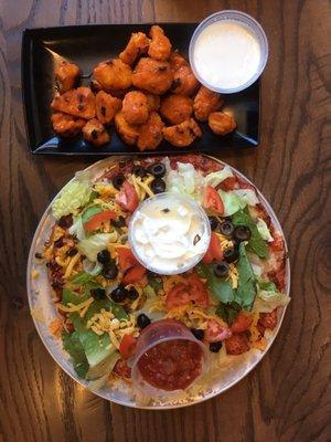 Taco pizza and boneless Buffalo wings