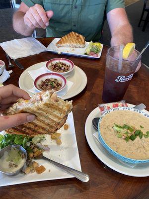 Fish lover panini (stealing a bite from hubby ), smoked salmon chowder, side salad, and pulled pork.