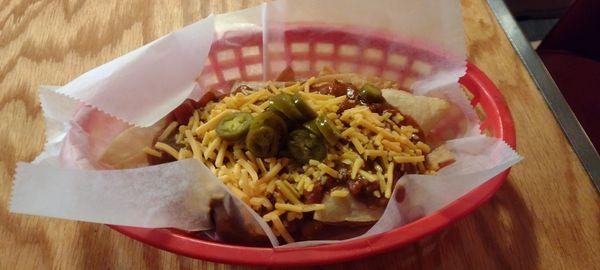 House made Chili Cheese Nachos with Jalapenos