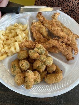 Chicken tenders, fried okra and macaroni and cheese