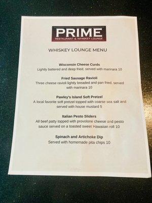 This is the menu for the Whiskey Lounge only. The Lounge serves light bites and full bar.