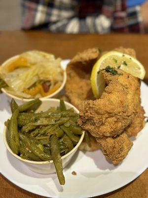 Flounder, string beans and cabbage and sausage