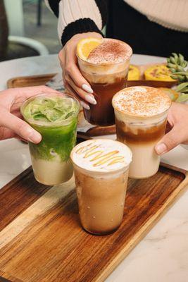 Matcha Latte (left), Orange Mocha (top), Butterscotch Latte (bottom), Spanish Latte (right)