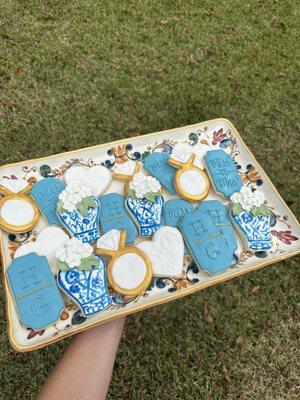 Custom bridal shower cookies for the bride's Something Blue and inspired by her wedding China pattern