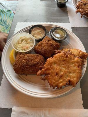 Cod fish fry with potato pancakes