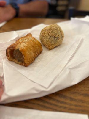 Sausage roll and a Scotch egg