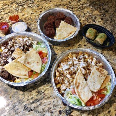 Beef Gyro Platter, Chicken Platter, Falafel and Baklava