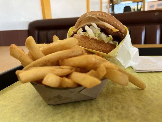 Cheese burger combo with melty cheese and perfectly crisp fries.