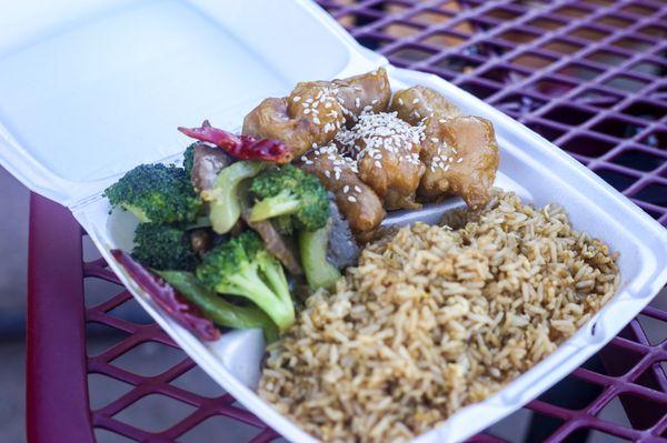 Beef broccoli, sesame chicken with fried rice.