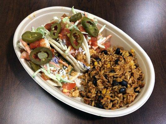 Street Tacos Combo (Three Chicken Soft Tacos with Choice of Meat, Choice of Toppings, and a Side of Spanish Rice)