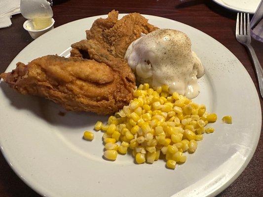 2 piece Chicken Dinner, breast & wing, mashed potato w/gravy, corn