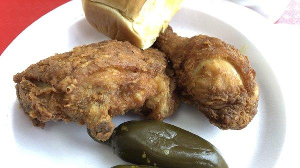 Snack meal (2 pieces dark), mashed potatoes (not pictured) and roll, plus added jalapeños