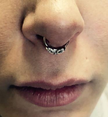 Septum nose piercing done with front facing diamond hoop.