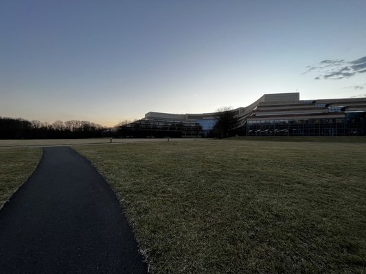 An ultra wide shot of the trail and the building.