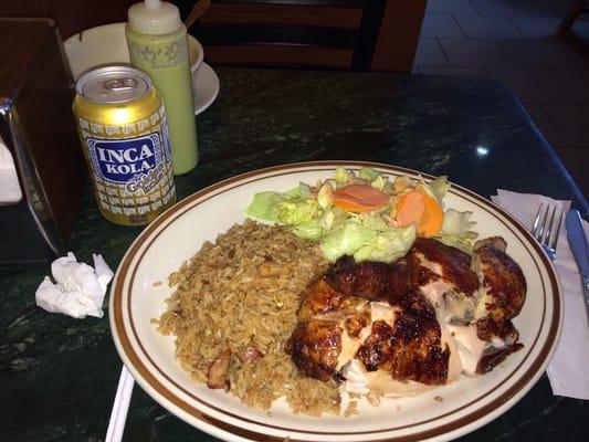 Half chicken fried rice and salad with inca kola!!