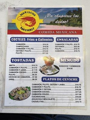 Front of menu