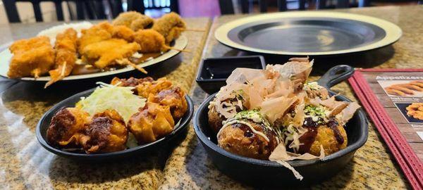 Small sushi curry, deep fried Shumai, and Takoyaki