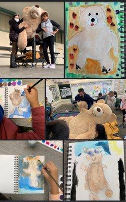 Watercolor Thursdays. Giant teddy bear brought in as the subject this week. Artist Candy runs the instruction.