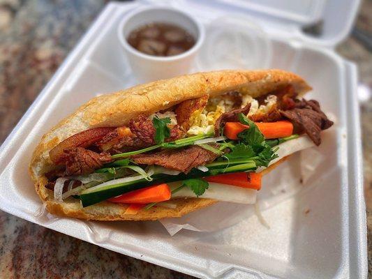 Pork Belly Bahn Mi sandwich! I added a side egg and lemongrass beef! Nommmmm!!