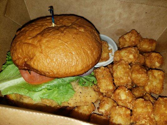 Chicken sandwich and tots, very tasty