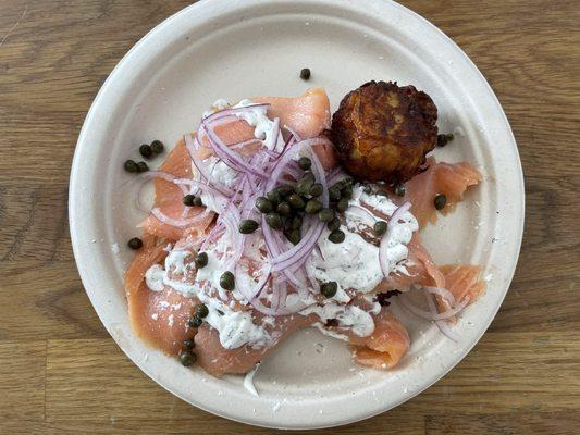 Manhattan - smoked salmon, shaved red onion, capers, and dill cream. If they bottled the dill cream I'd eat it on everything!