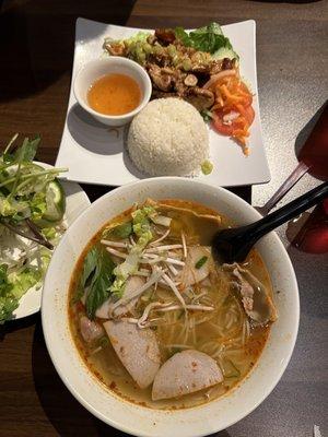 Bun Bo hue and pork over rice