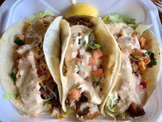 Three Fried Fish (tilapia) Tacos