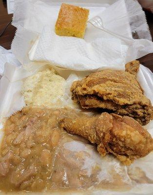 Beans, rice, potato salad, cornbread, and fried chicken