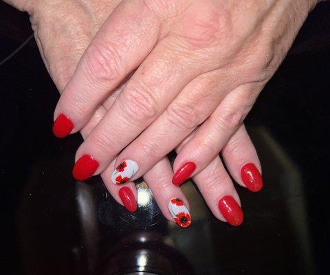 Memorial Day themed nails. Poppies for remembrance.  I always bring tutorial pics to help. Jay never disappoints.