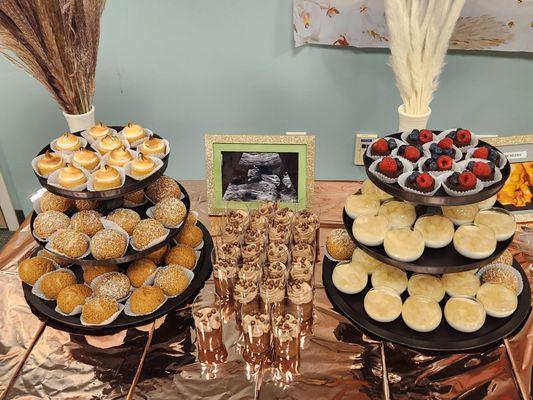 Catered Desserts: Yuzu / Chocolate Mini Tarts, Black Seasame / Vanilla Mini Choux, Chocolate Mousse Cups, Calpico Panna Cotta Cups