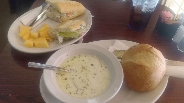 Corn Chowder and Chicken baguette sandwich