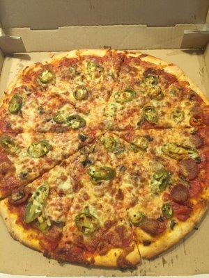 16inch sausage, pepperoni, jalepenos, shrooms