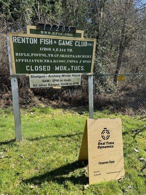 The sign at the entrance of Renton Fish & Game Club