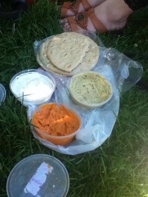 Tomato Basil Spread, Artichoke Hummus, Half White Half Wheat Pita Bread, Tzaziki