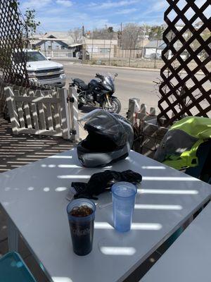 Outdoor seating with great view of your motorcycle.