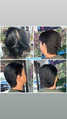 Before and After layer haircut,and down perm helps the thick, pokey on the sides to smooth, natural look without cutting short on the sides.