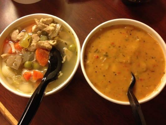 Chicken noodle soup & salmon corn chowder soup