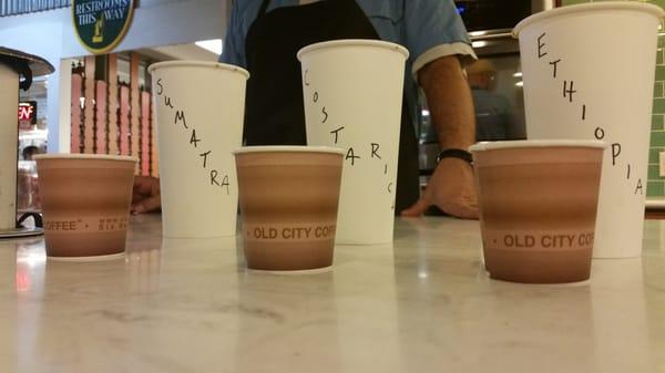 Old City Coffee Tasting! Sumatra bitter, Costa Rica nutty, Ethiopia berry-y.