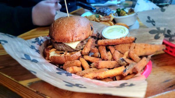 Ragin Cajun burger with egg plant fries