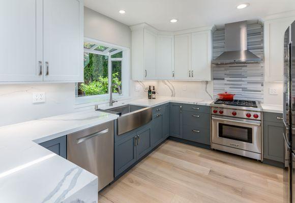 Studio City Kitchen remodel. We used Merit kitchen cabinets, with beautiful Caesar Stone countertops, and Ann Sacks mosaic tile.