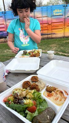 We got the horchata with frozen banana and delicious falafel plates!