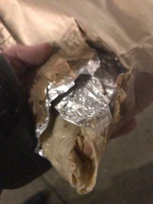 Did such a bad job wrapping my burrito it leaked out of the bag.